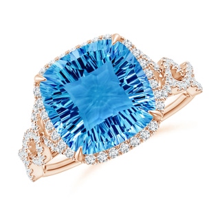 10mm AAAA Cushion Swiss Blue Topaz Infinity Shank Ring with Diamonds in Rose Gold