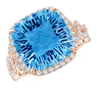 12mm AAAA Cushion Swiss Blue Topaz Infinity Shank Ring with Diamonds in Rose Gold