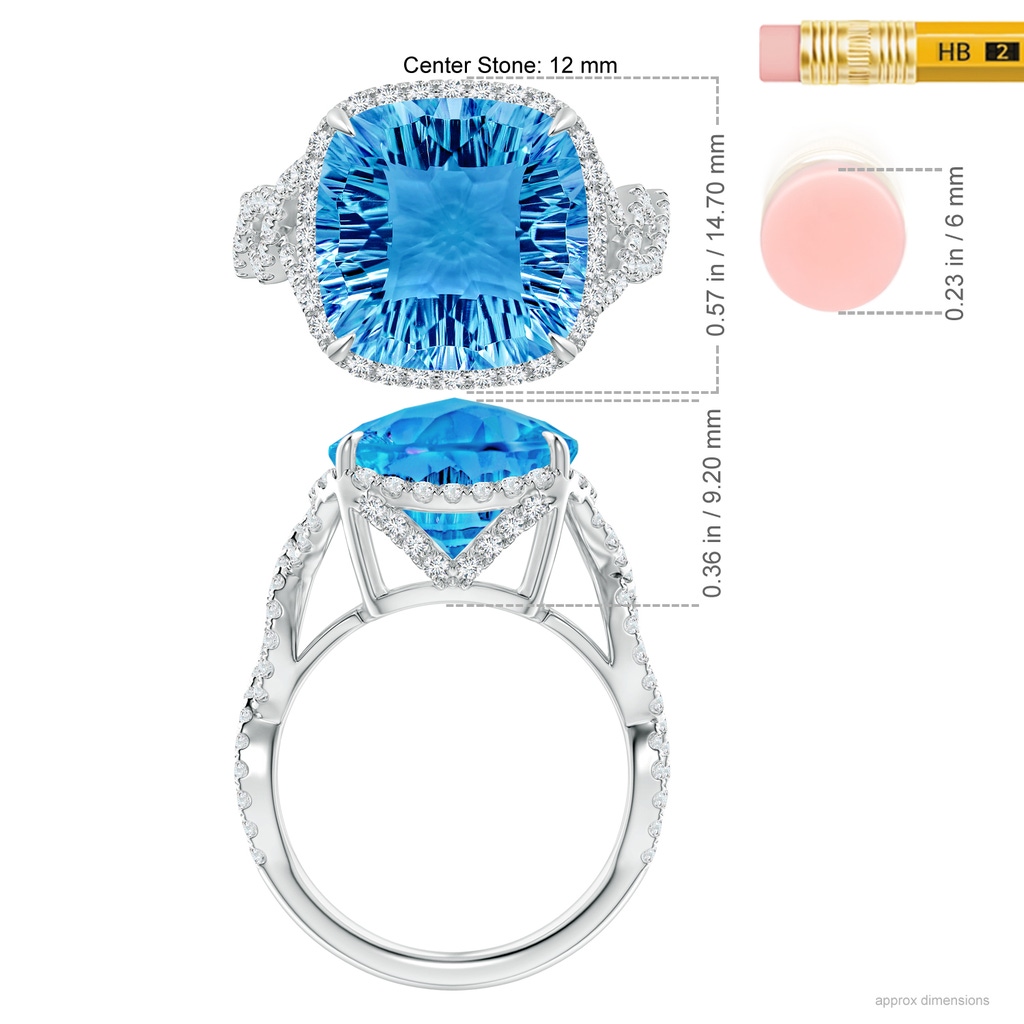 12mm AAAA Cushion Swiss Blue Topaz Infinity Shank Ring with Diamonds in White Gold Ruler