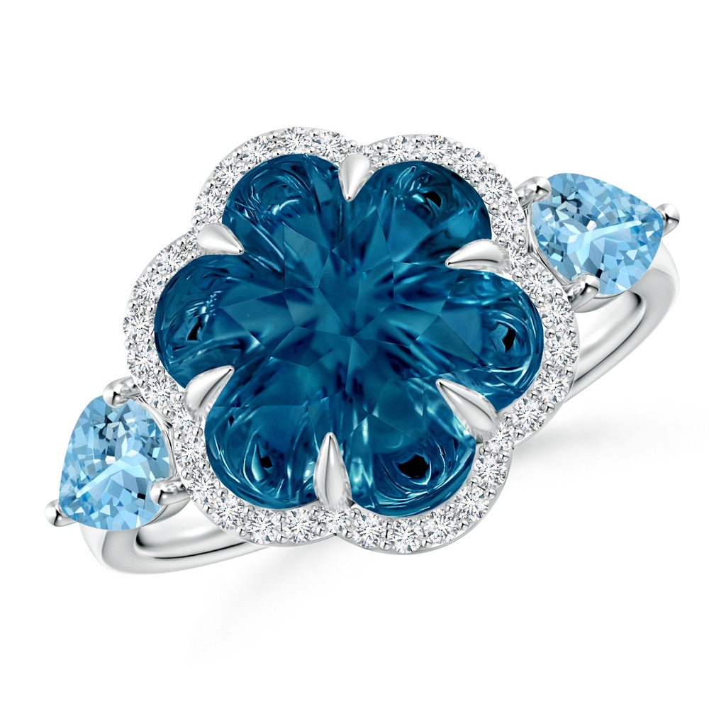 10mm AAAA Six-Petal London Blue Topaz Flower Cocktail Ring in White Gold