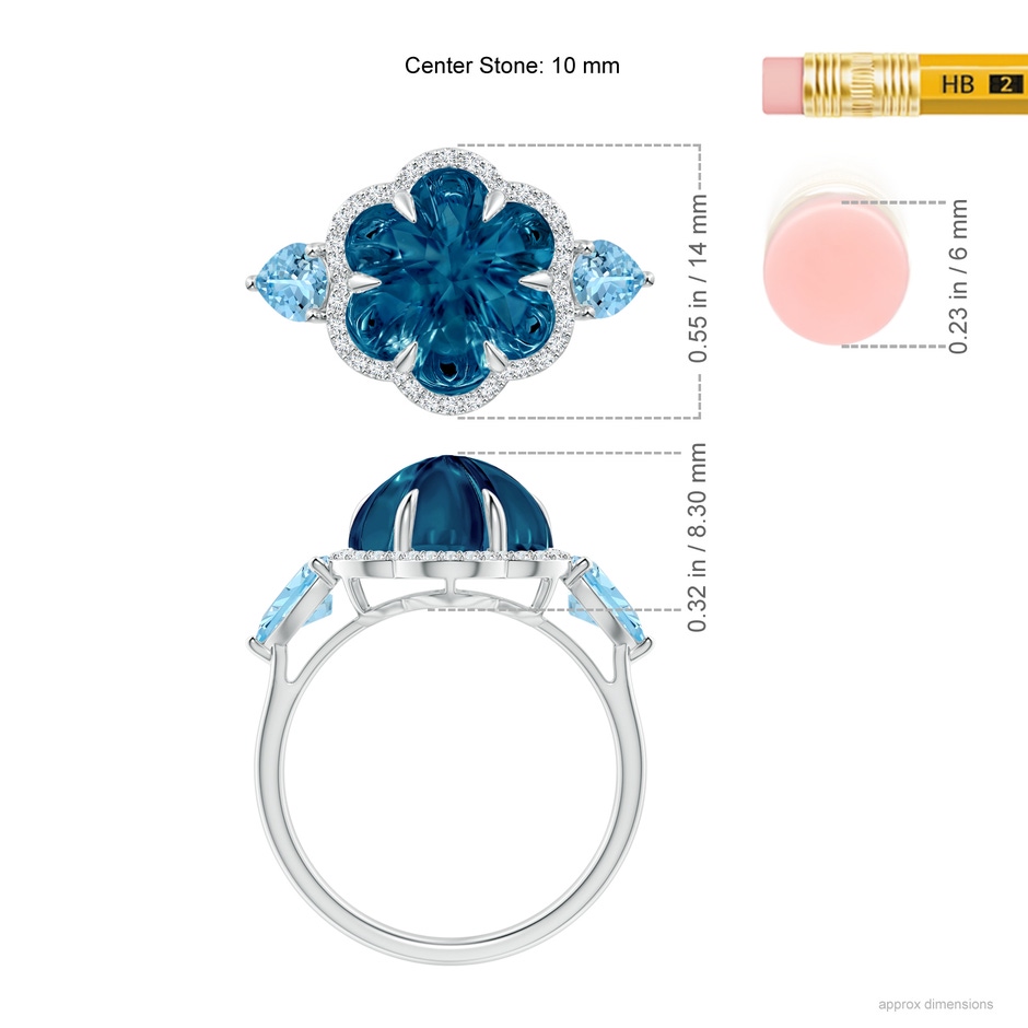 10mm AAAA Six-Petal London Blue Topaz Flower Cocktail Ring in White Gold ruler