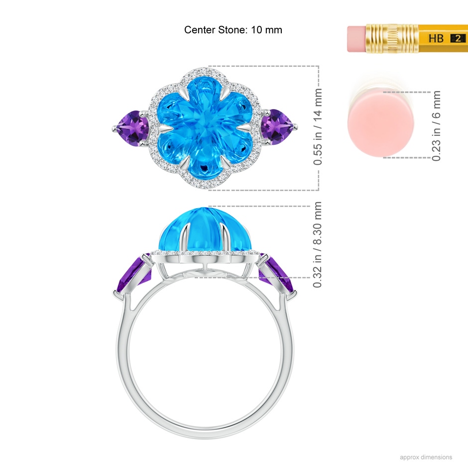 10mm AAAA Six-Petal Swiss Blue Topaz Flower Cocktail Ring in White Gold ruler