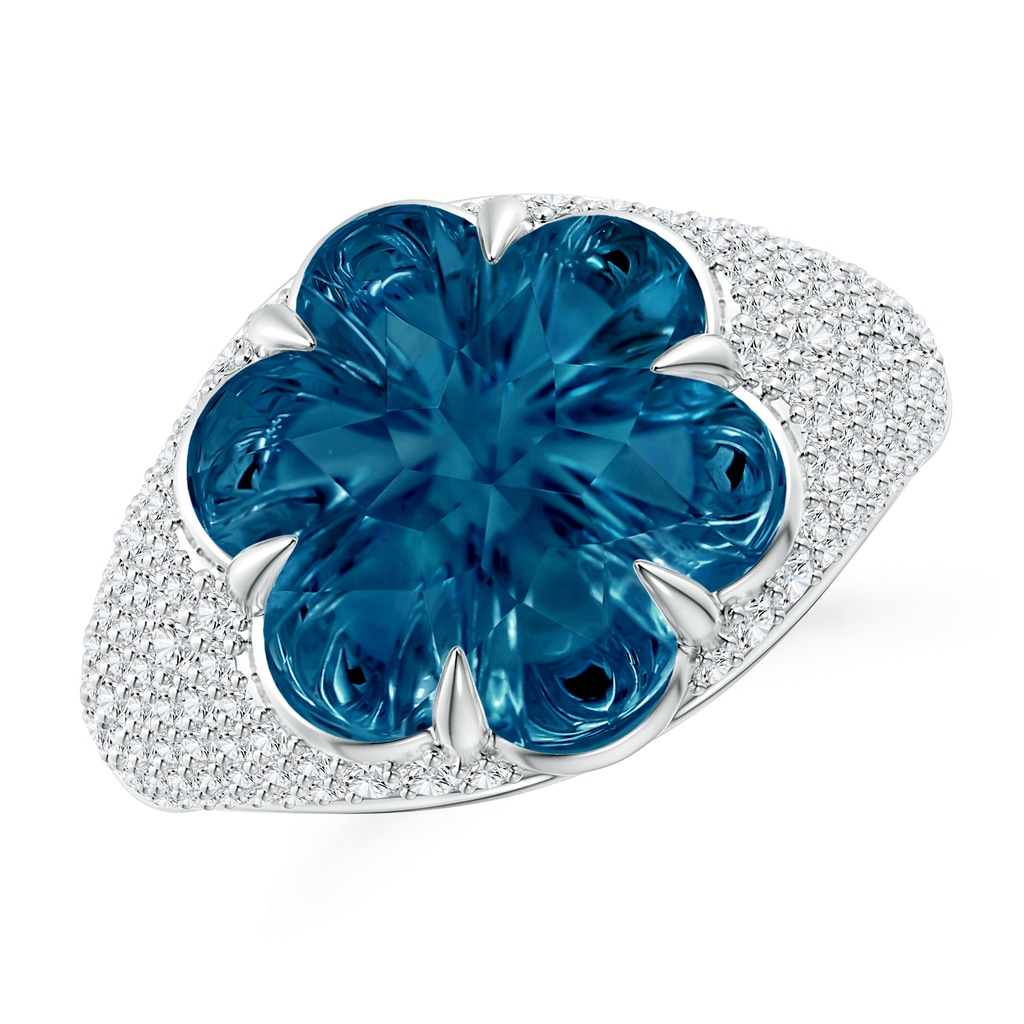 12mm AAAA Six-Petal London Blue Topaz Flower and Diamond Cocktail Ring in White Gold