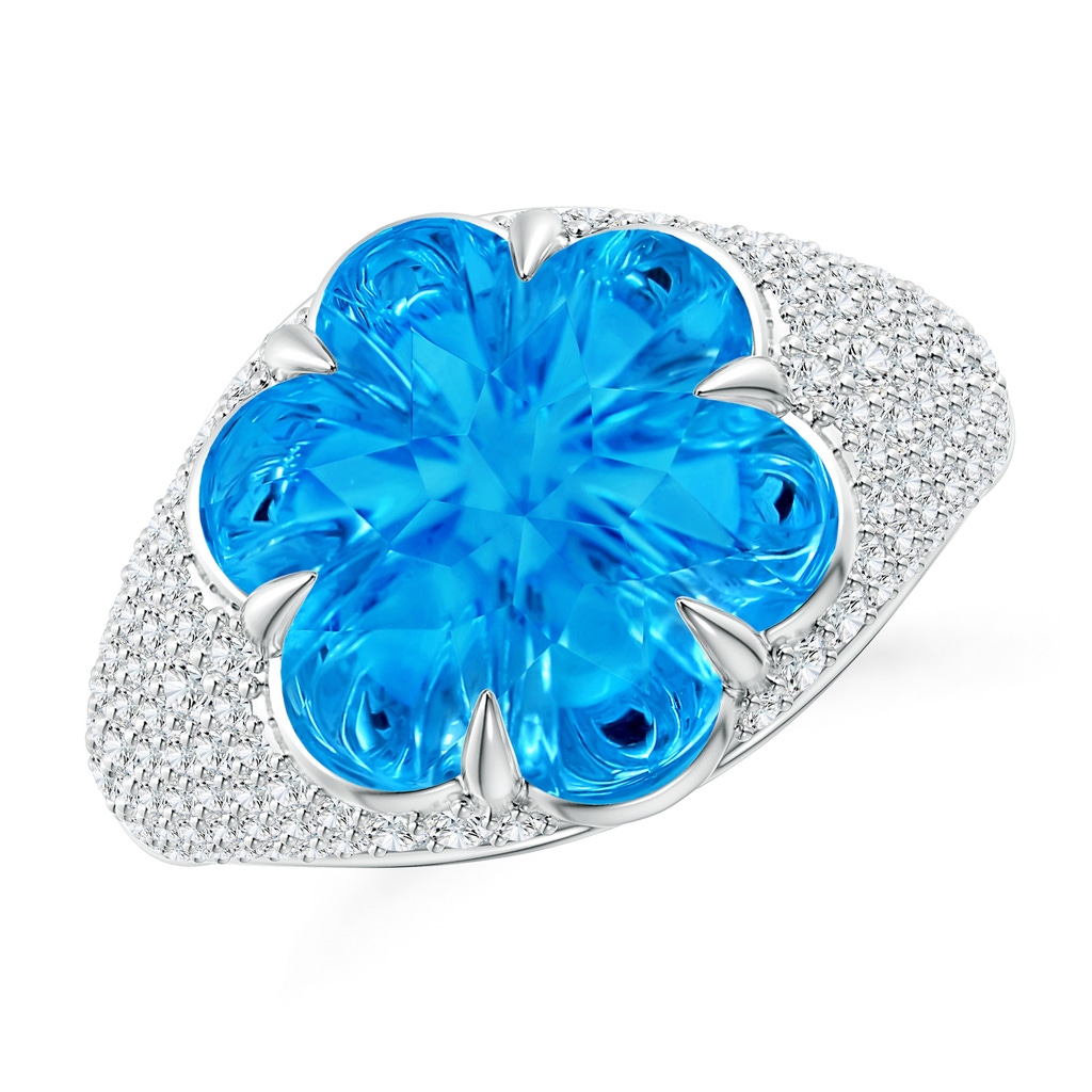 12mm AAAA Six-Petal Swiss Blue Topaz Flower and Diamond Cocktail Ring in White Gold