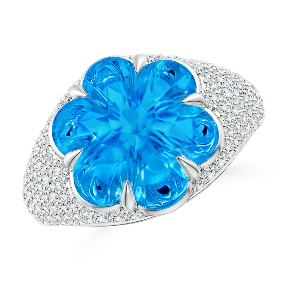 12mm AAAA Six-Petal Swiss Blue Topaz Flower and Diamond Cocktail Ring in White Gold 