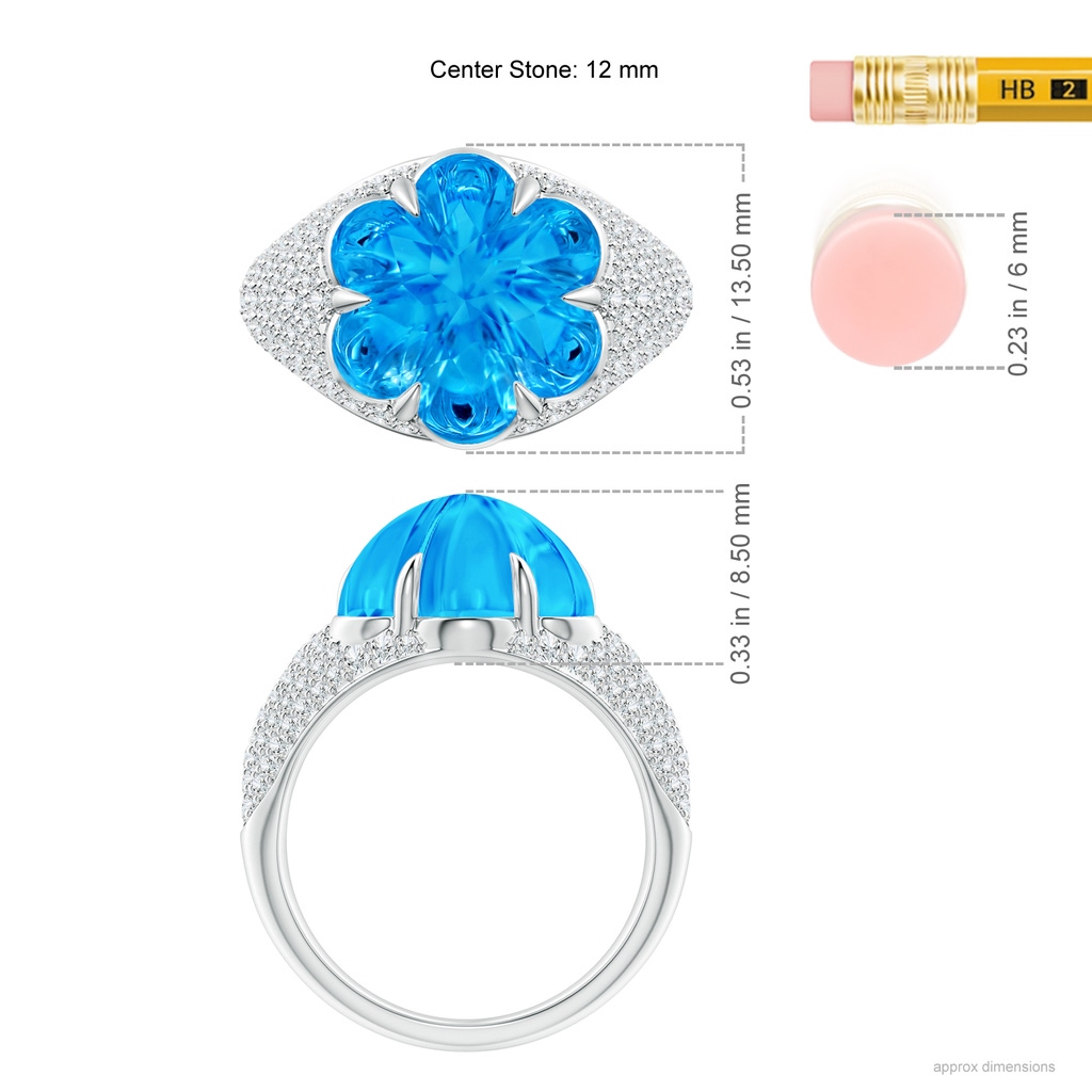 12mm AAAA Six-Petal Swiss Blue Topaz Flower and Diamond Cocktail Ring in White Gold Ruler