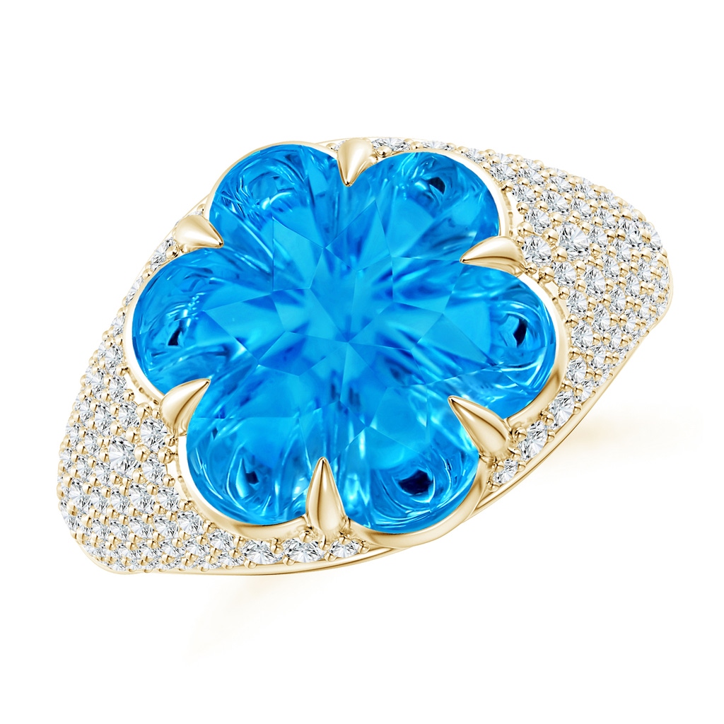 12mm AAAA Six-Petal Swiss Blue Topaz Flower and Diamond Cocktail Ring in Yellow Gold