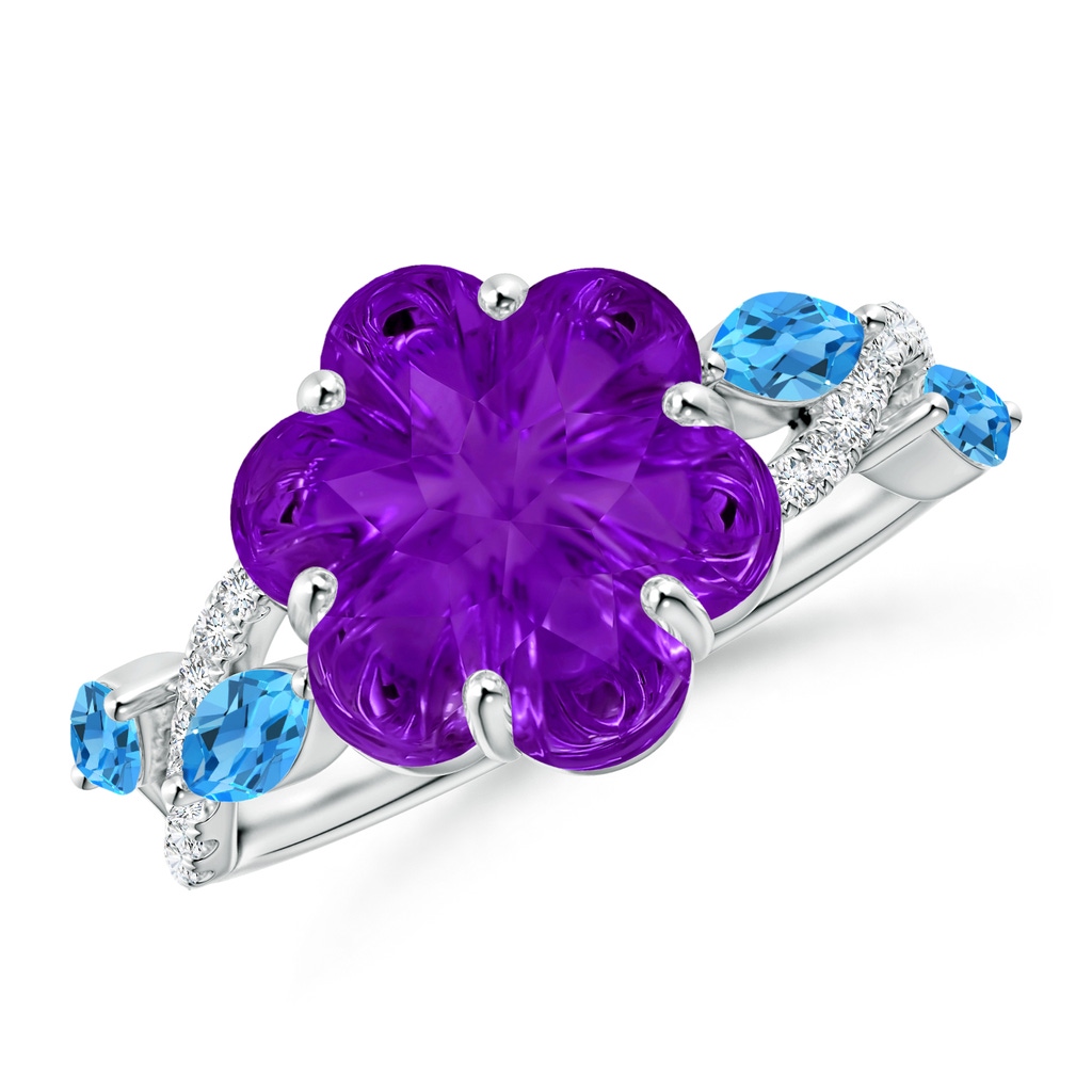 10mm AAAA Six-Petal Amethyst Flower Bypass Cocktail Ring in White Gold