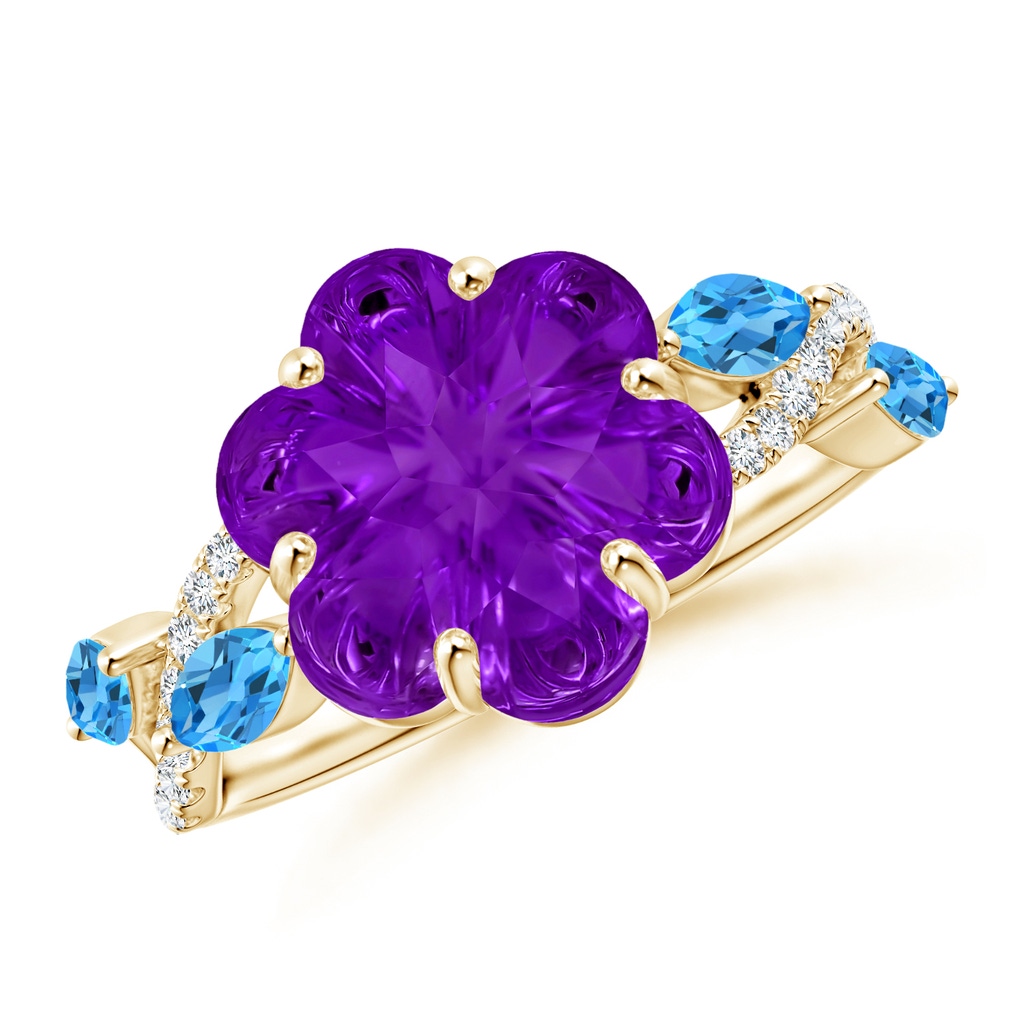 10mm AAAA Six-Petal Amethyst Flower Bypass Cocktail Ring in Yellow Gold