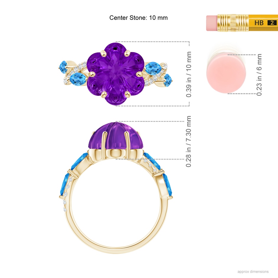 10mm AAAA Six-Petal Amethyst Flower Bypass Cocktail Ring in Yellow Gold ruler