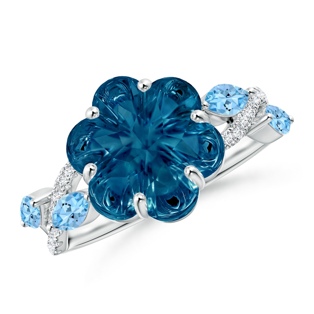 10mm AAAA Six-Petal London Blue Topaz Flower Bypass Cocktail Ring in P950 Platinum