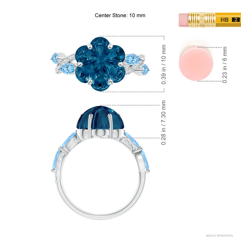 10mm AAAA Six-Petal London Blue Topaz Flower Bypass Cocktail Ring in White Gold Ruler