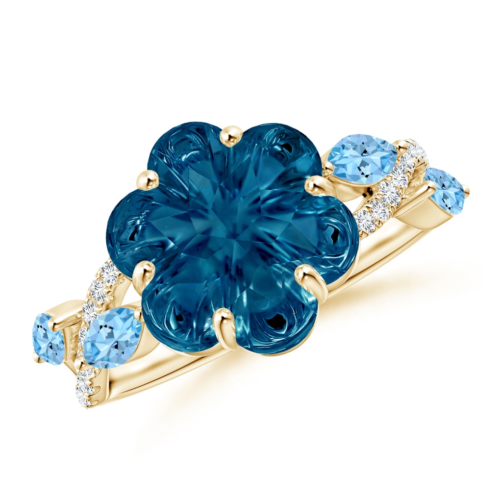 10mm AAAA Six-Petal London Blue Topaz Flower Bypass Cocktail Ring in Yellow Gold