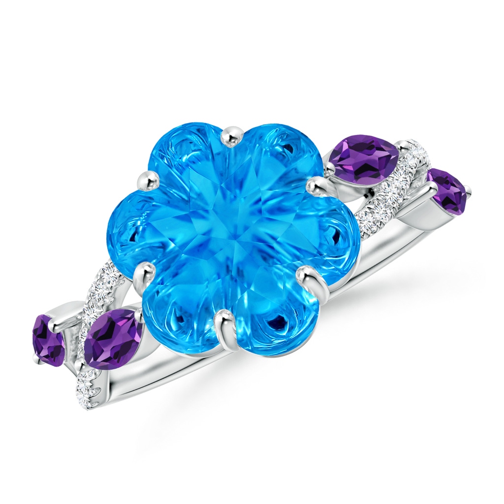 10mm AAAA Six-Petal Swiss Blue Topaz Flower Bypass Cocktail Ring in White Gold