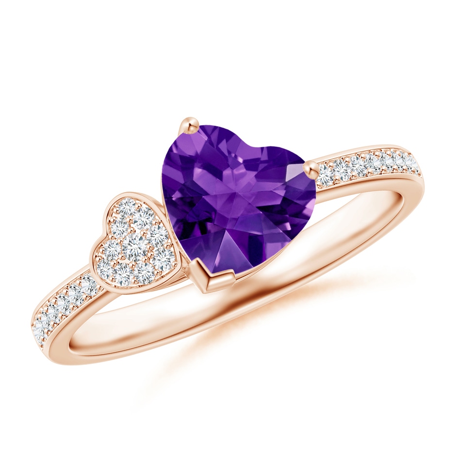 7mm AAAA Heart-Shaped Amethyst Ring with Pave Diamonds in Rose Gold 