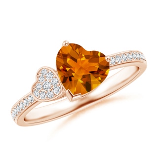 7mm AAAA Heart-Shaped Citrine Ring with Pave Diamonds in Rose Gold