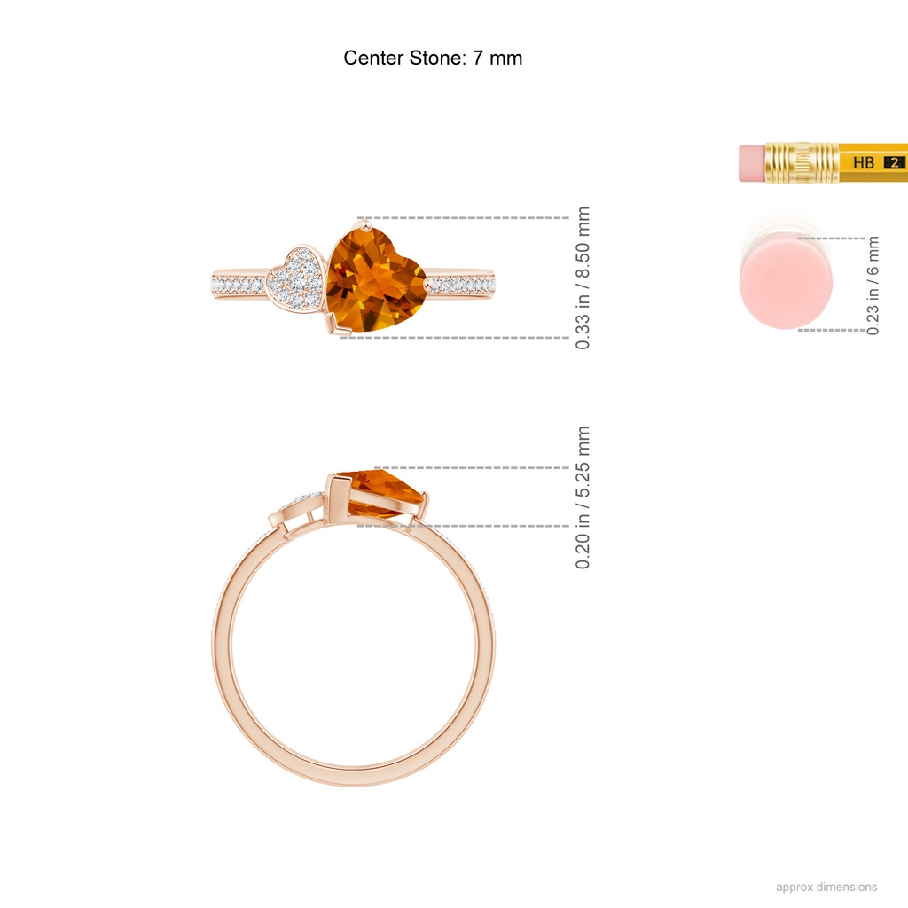 7mm AAAA Heart-Shaped Citrine Ring with Pave Diamonds in Rose Gold Ruler