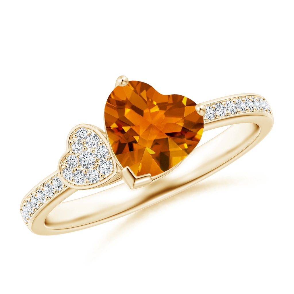 7mm AAAA Heart-Shaped Citrine Ring with Pave Diamonds in Yellow Gold