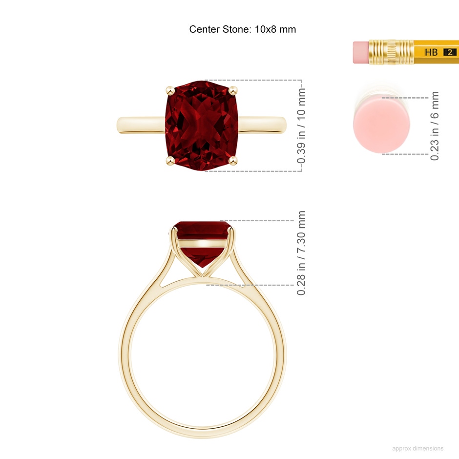 10x8mm AAAA Rectangular Cushion Garnet Cocktail Ring in Yellow Gold ruler