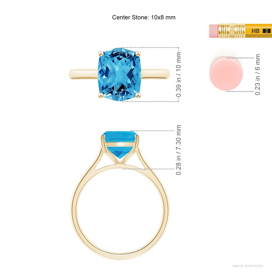 10x8mm AAAA Rectangular Cushion Swiss Blue Topaz Cocktail Ring in Yellow Gold ruler