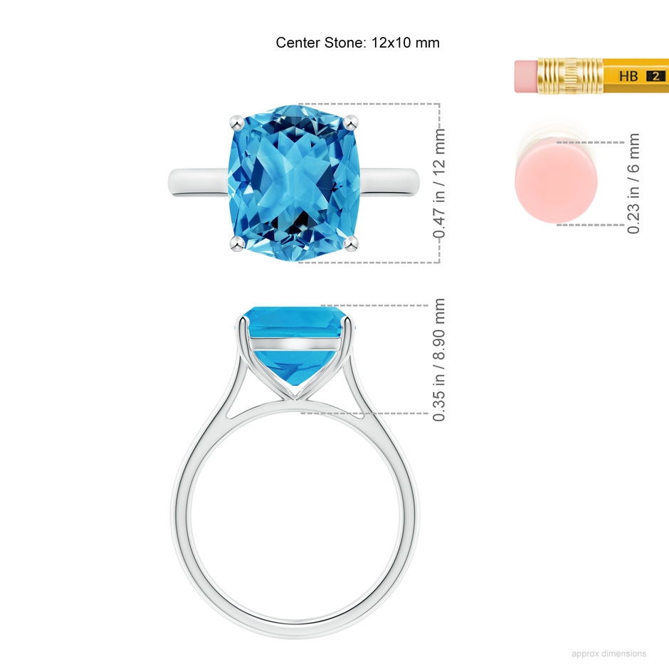 12x10mm AAAA Rectangular Cushion Swiss Blue Topaz Cocktail Ring in P950 Platinum ruler