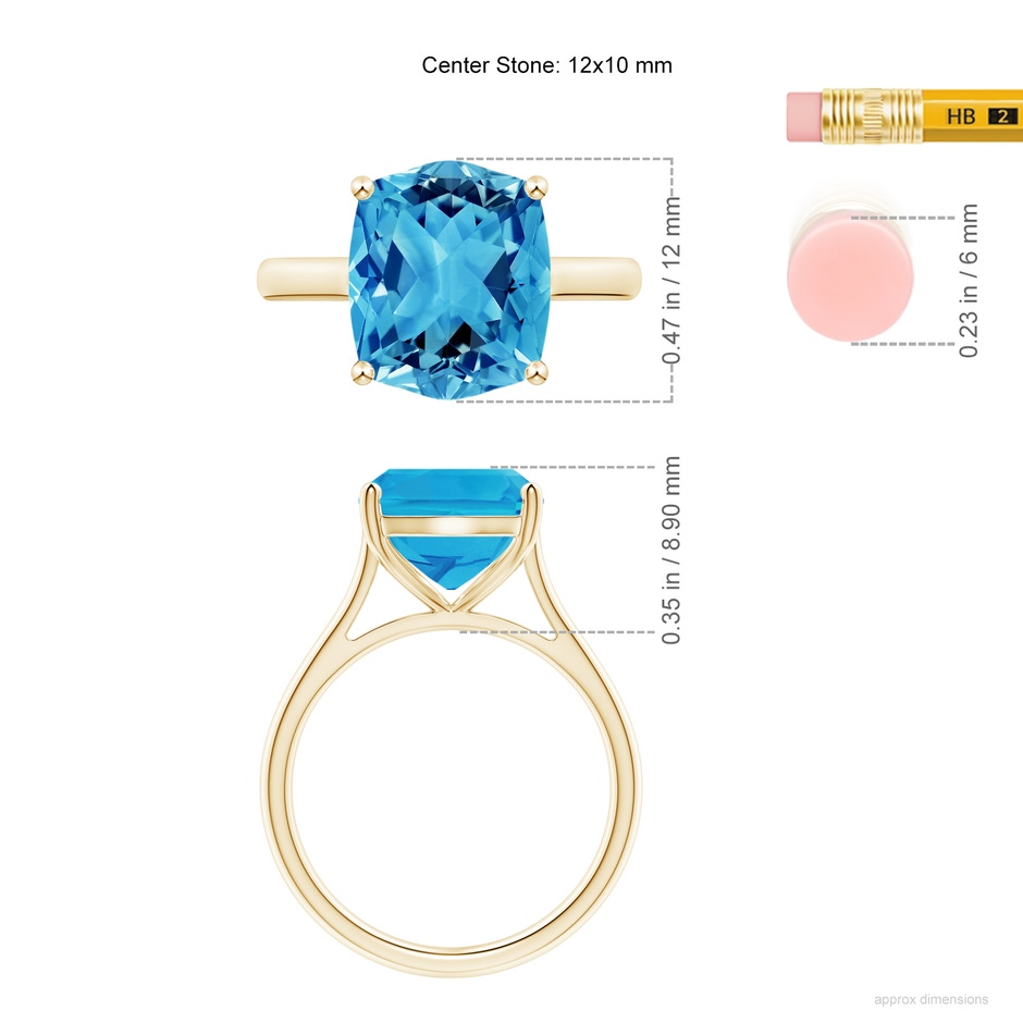 12x10mm AAAA Rectangular Cushion Swiss Blue Topaz Cocktail Ring in Yellow Gold ruler