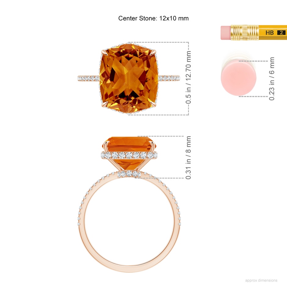 12x10mm AAAA Rectangular Cushion Citrine Hidden Halo Cocktail Ring in Rose Gold ruler