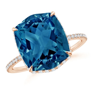 12x10mm AAAA Rectangular Cushion London Blue Topaz Hidden Halo Cocktail Ring in 10K Rose Gold