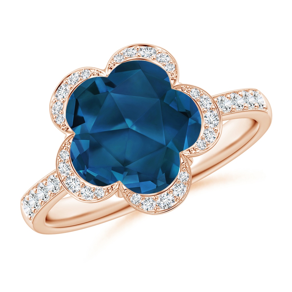 10mm AAAA Five-Petal Flower London Blue Topaz Backset Ring with Diamonds in Rose Gold