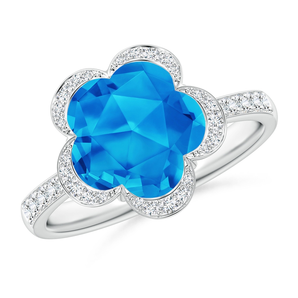 10mm AAAA Five-Petal Flower Swiss Blue Topaz Backset Ring with Diamonds in White Gold