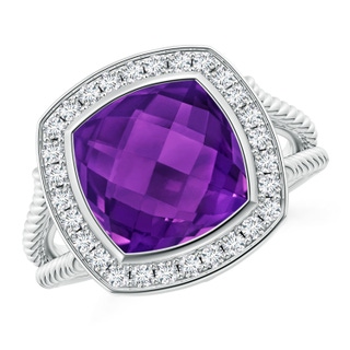 10mm AAAA Cushion Amethyst Twisted Rope Ring with Diamond Halo in White Gold