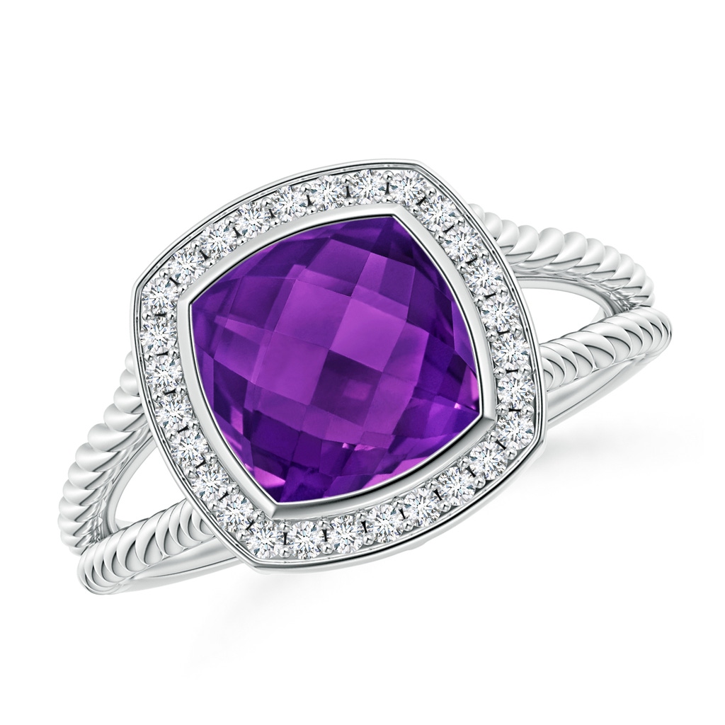 8mm AAAA Cushion Amethyst Twisted Rope Ring with Diamond Halo in White Gold