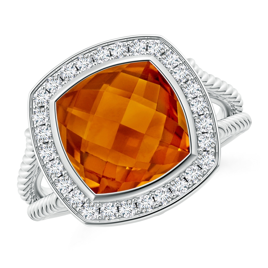 10mm AAAA Cushion Citrine Twisted Rope Ring with Diamond Halo in P950 Platinum