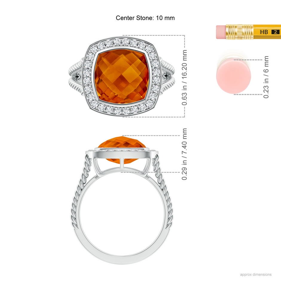 10mm AAAA Cushion Citrine Twisted Rope Ring with Diamond Halo in White Gold ruler