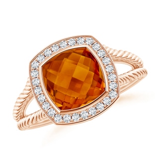 8mm AAAA Cushion Citrine Twisted Rope Ring with Diamond Halo in 10K Rose Gold