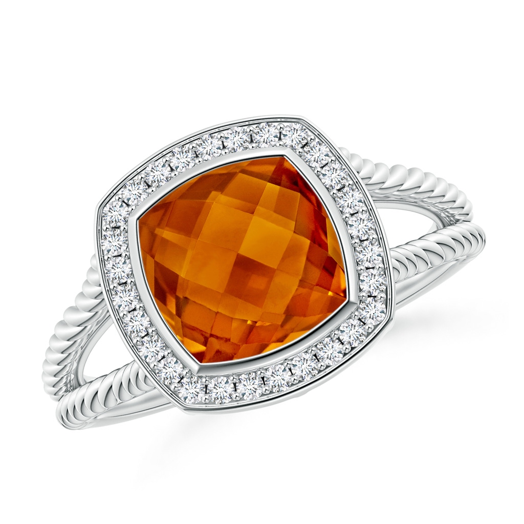 8mm AAAA Cushion Citrine Twisted Rope Ring with Diamond Halo in White Gold