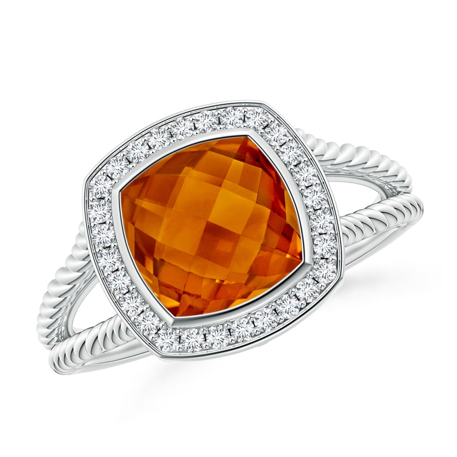 8mm AAAA Cushion Citrine Twisted Rope Ring with Diamond Halo in White Gold 