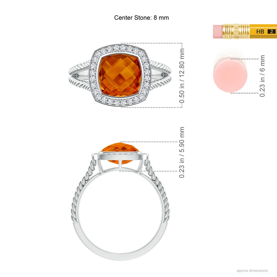 8mm AAAA Cushion Citrine Twisted Rope Ring with Diamond Halo in White Gold ruler