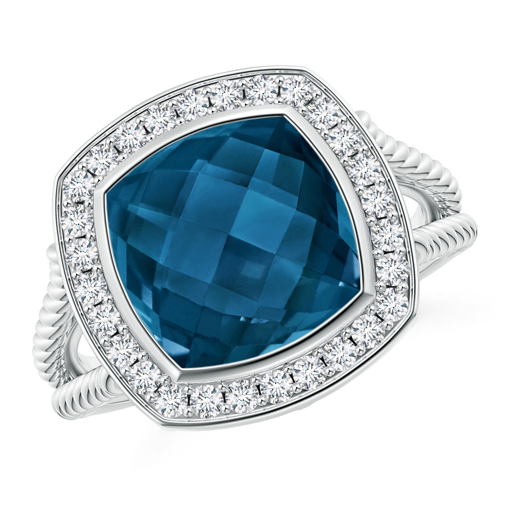 10mm AAAA Cushion London Blue Topaz Twisted Rope Ring with Diamond Halo in White Gold