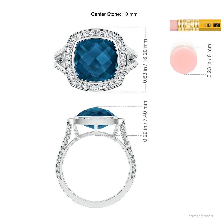 10mm AAAA Cushion London Blue Topaz Twisted Rope Ring with Diamond Halo in White Gold ruler