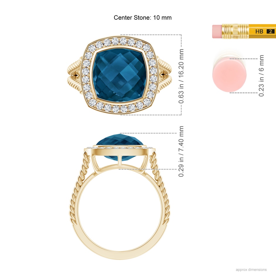 10mm AAAA Cushion London Blue Topaz Twisted Rope Ring with Diamond Halo in Yellow Gold ruler