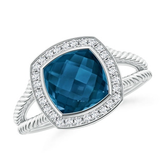 8mm AAAA Cushion London Blue Topaz Twisted Rope Ring with Diamond Halo in P950 Platinum