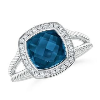 8mm AAAA Cushion London Blue Topaz Twisted Rope Ring with Diamond Halo in White Gold