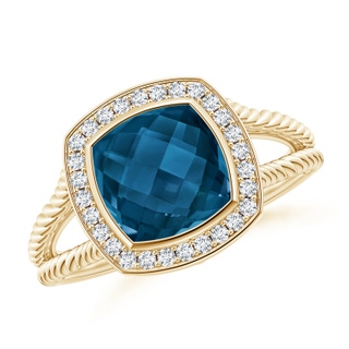 8mm AAAA Cushion London Blue Topaz Twisted Rope Ring with Diamond Halo in Yellow Gold