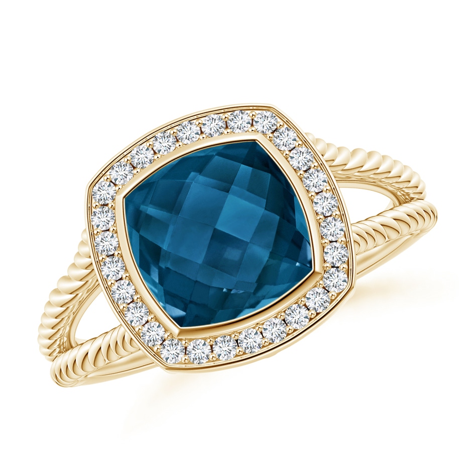 8mm AAAA Cushion London Blue Topaz Twisted Rope Ring with Diamond Halo in Yellow Gold 