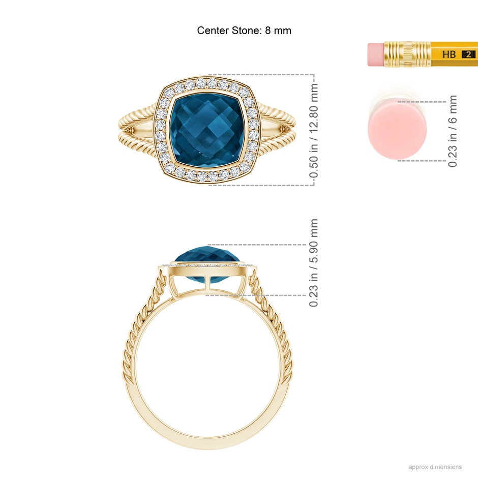 8mm AAAA Cushion London Blue Topaz Twisted Rope Ring with Diamond Halo in Yellow Gold ruler