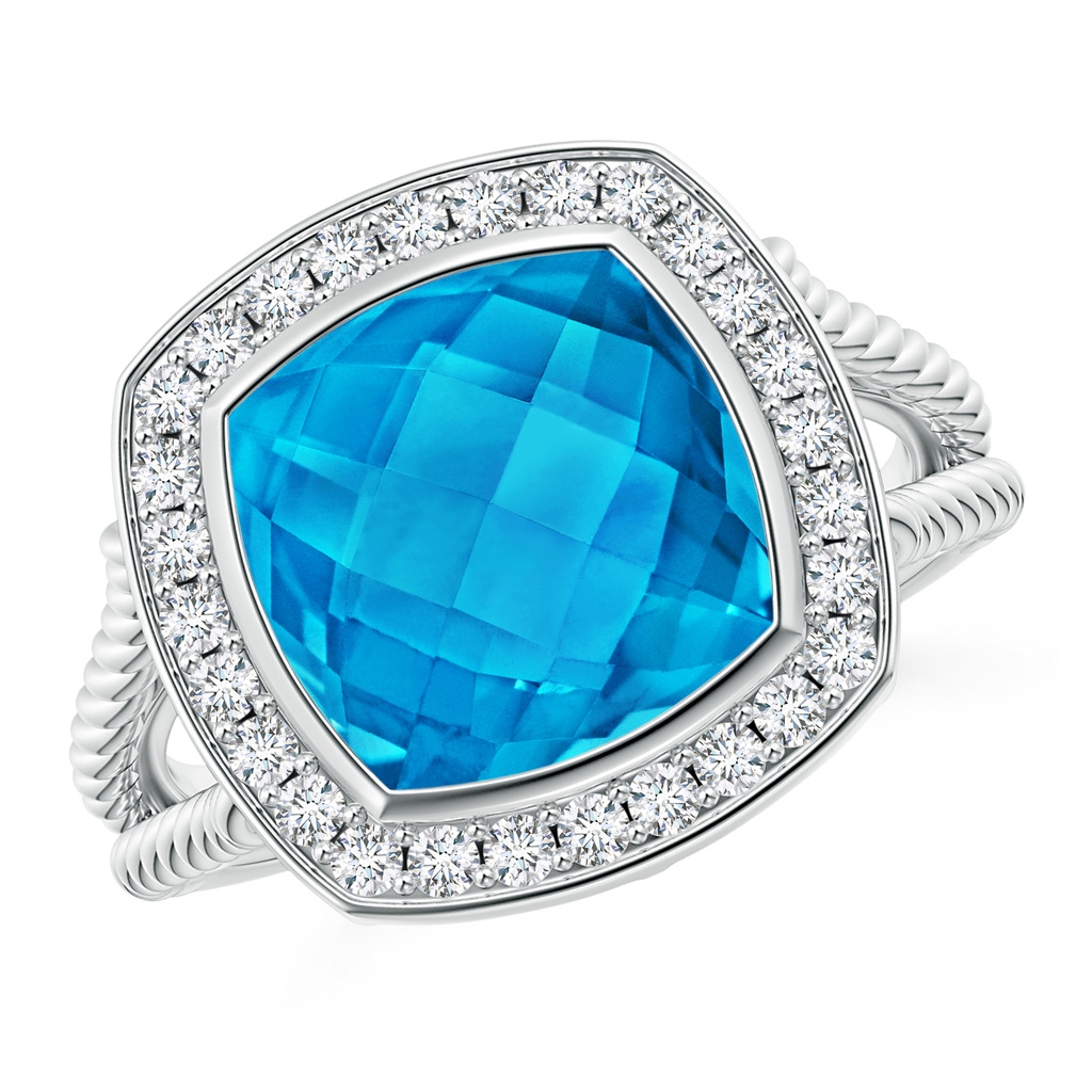 10mm AAAA Cushion Swiss Blue Topaz Twisted Rope Ring with Diamond Halo in White Gold