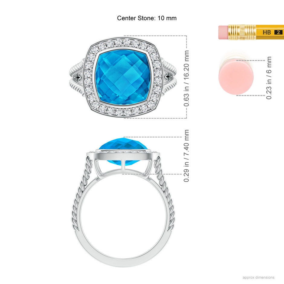 10mm AAAA Cushion Swiss Blue Topaz Twisted Rope Ring with Diamond Halo in White Gold ruler