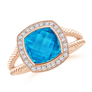 8mm AAAA Cushion Swiss Blue Topaz Twisted Rope Ring with Diamond Halo in Rose Gold