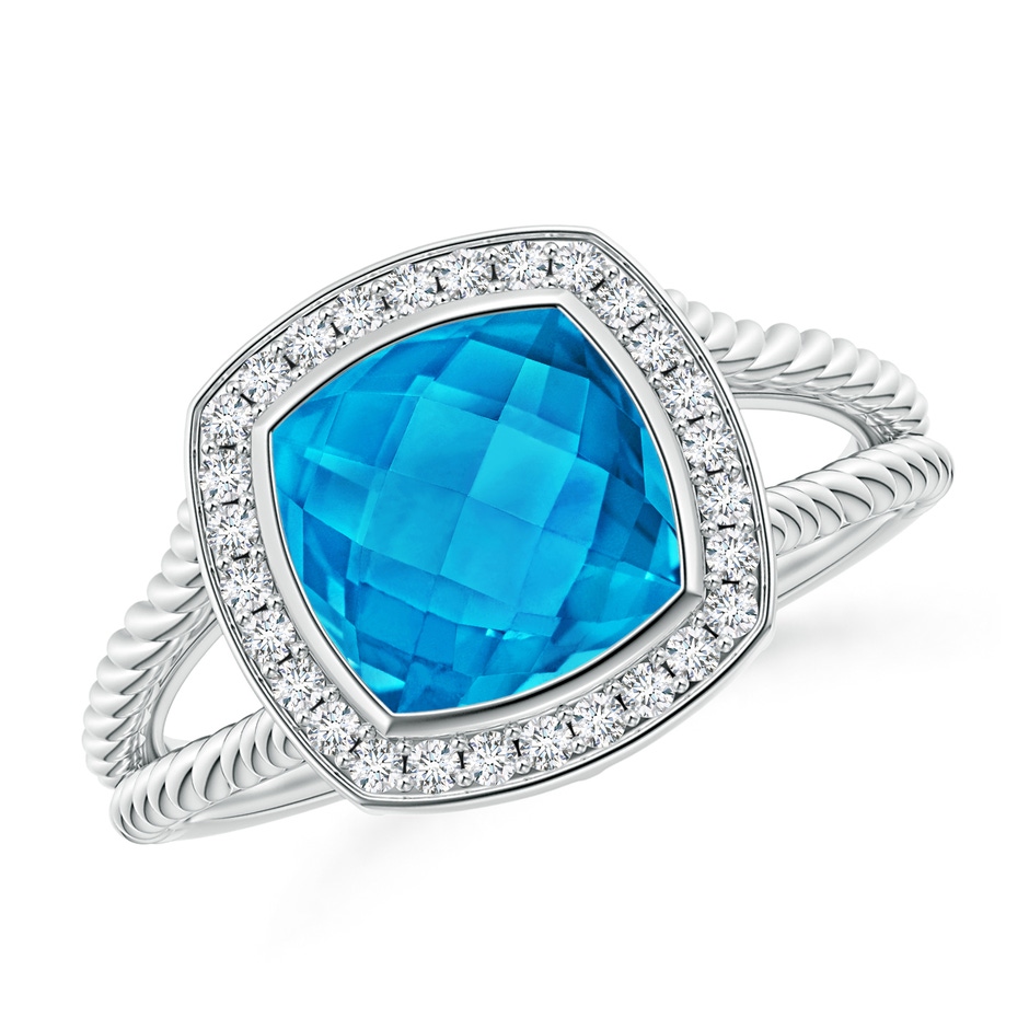 8mm AAAA Cushion Swiss Blue Topaz Twisted Rope Ring with Diamond Halo in White Gold 